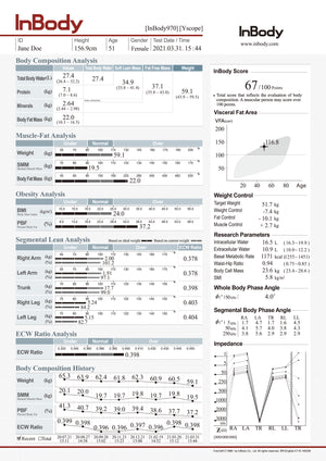 InBody body composition analysis report with various health metrics.