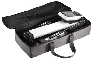 Black carrying case with a white electronic device inside 